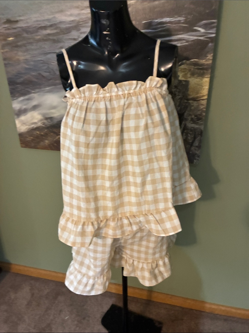 Gingham Ruffle Pajama Set - Beige & White